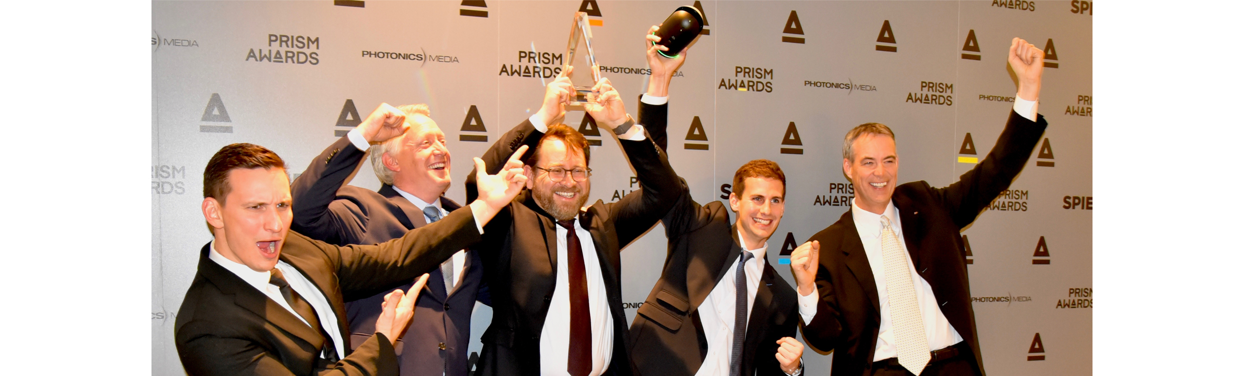 From left to right: Leica Geosystems' Kevin Rinaldi-Young, content product specialist; Hugh Baertlein,VP of eBusiness; Burkhard Boeckem, CTO; Lukas Heinzle, product engineer; and Ken Mooyman, NAFTA president, celebrate the BLK360's win at the PRISM Awards for Photonics Innovation in San Francisco, USA, 1 February 2017.